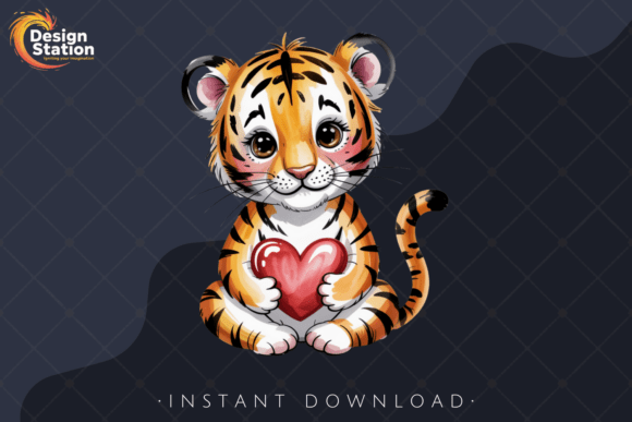 Download Cute Tiger Holding Heart Valentine PNG - Premium Resources