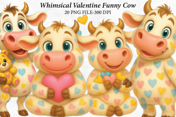 Download Whimsical Valentine Cow Clipart - Premium Bundle